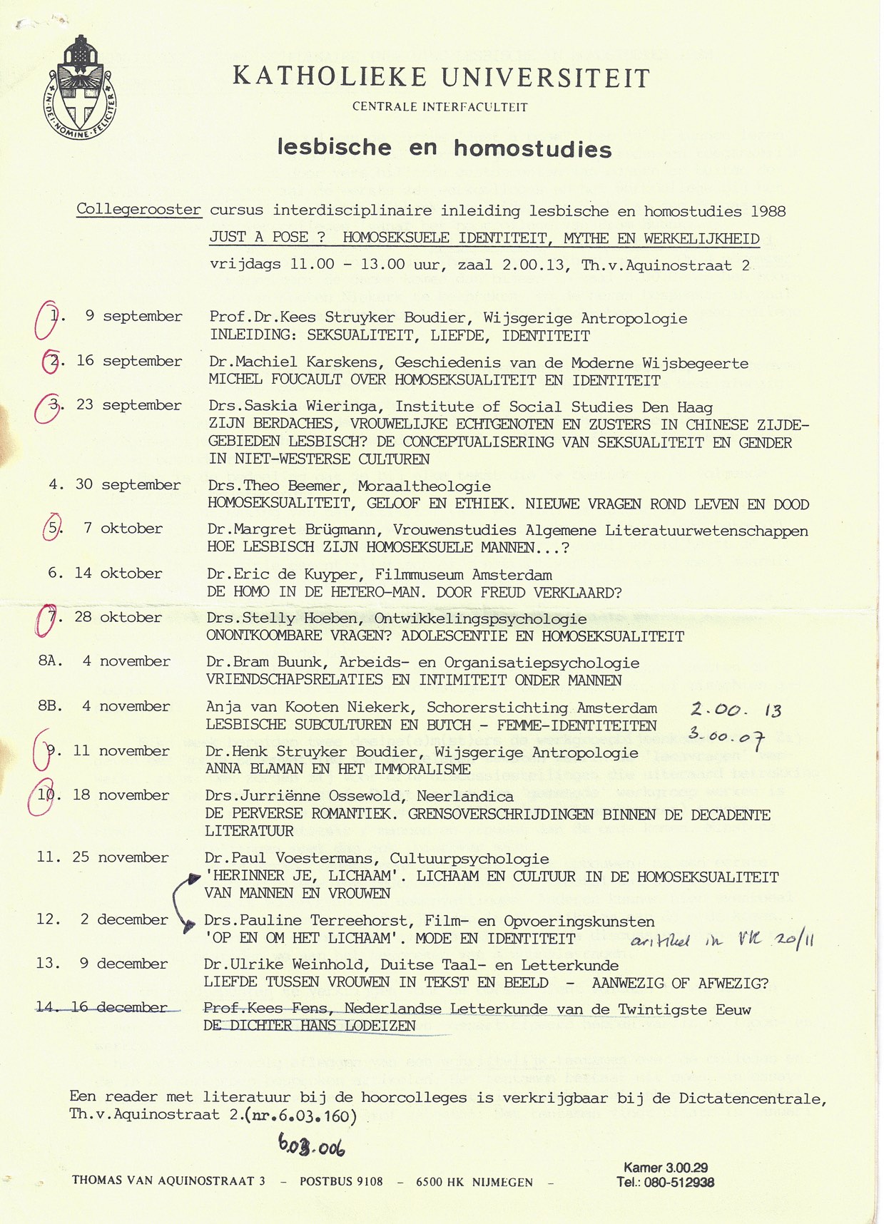 Lesbische en homostudies KUN programma '88 '89